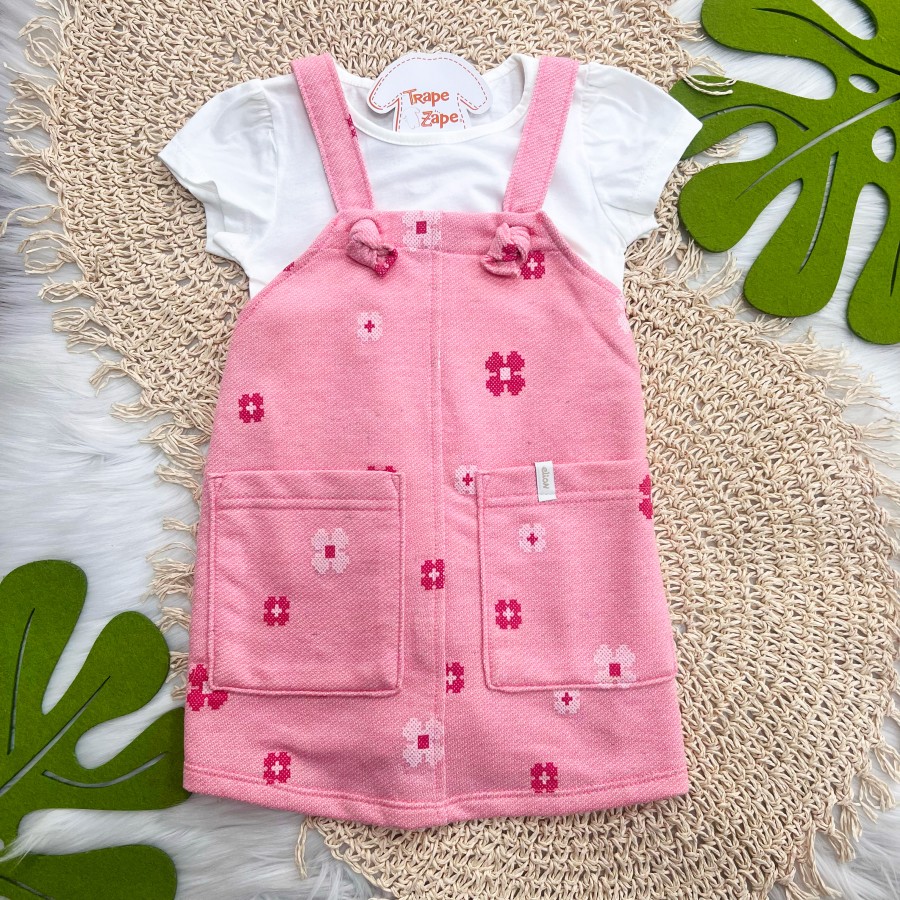Conj. Blusa e Salopete Florzinhas em Linho- Off White e Rosa